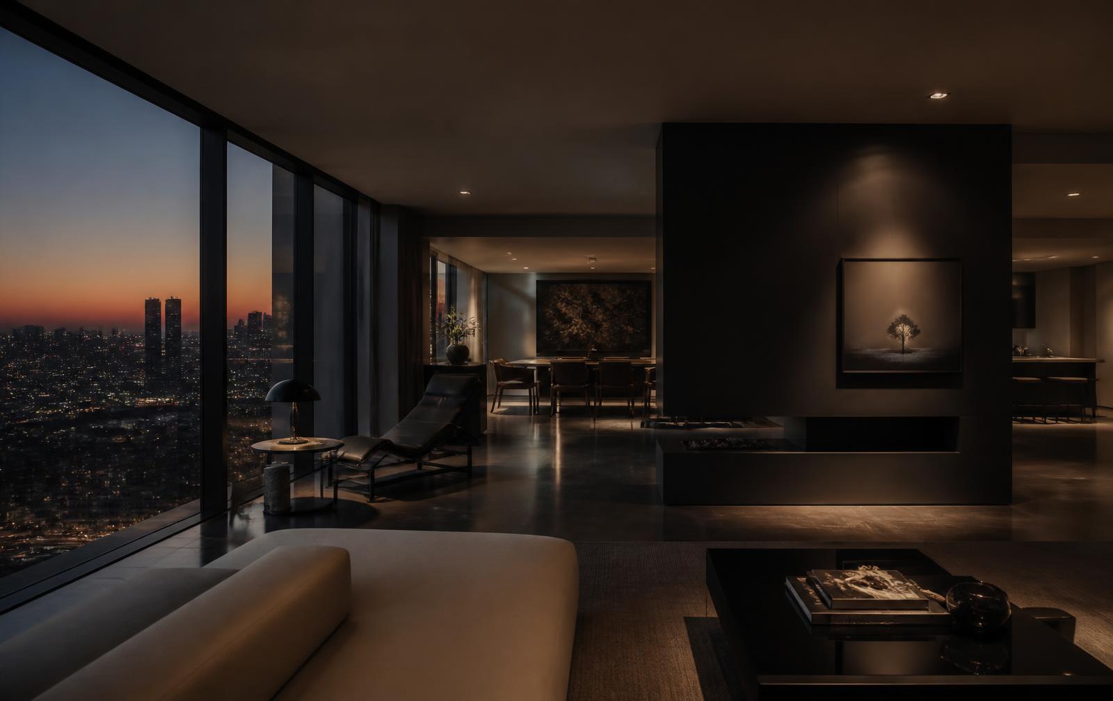 Interior de apartamento de alto padrão em São Paulo ao entardecer